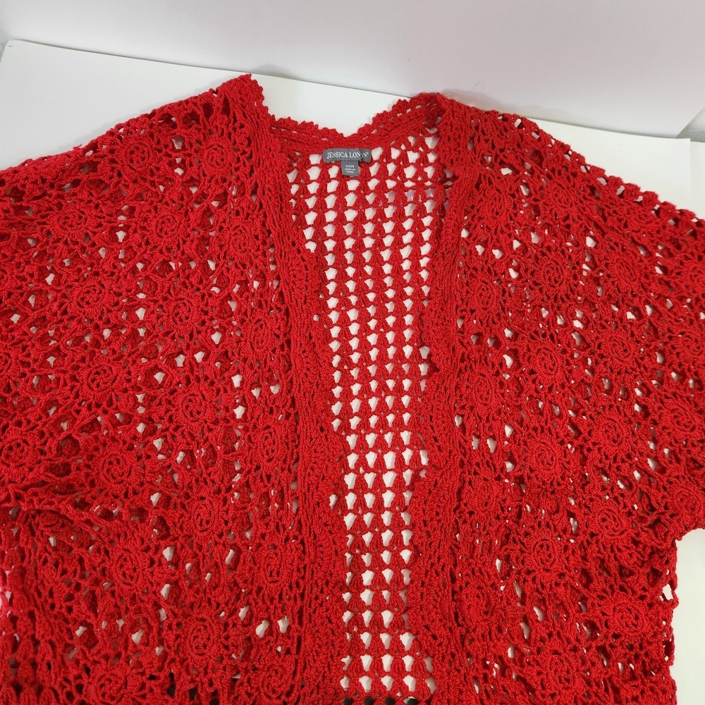 Red Floral Crochet Cardigan Sz 22/24 Boho Whimsigoth Kimono Open Front Festival - Picture 9 of 13